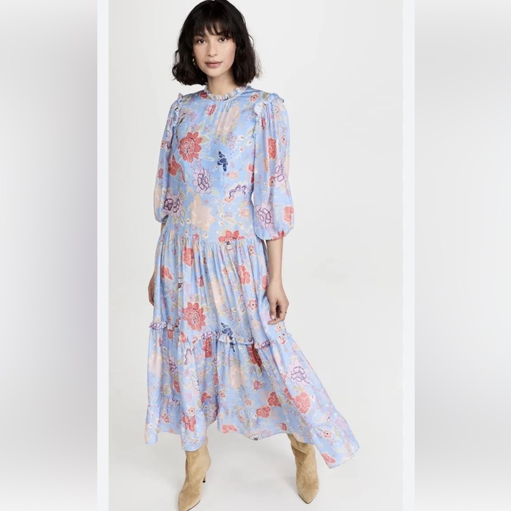 RIXO Light Blue Floral Tiered Maxi Dress with Pink & Peach Flowers